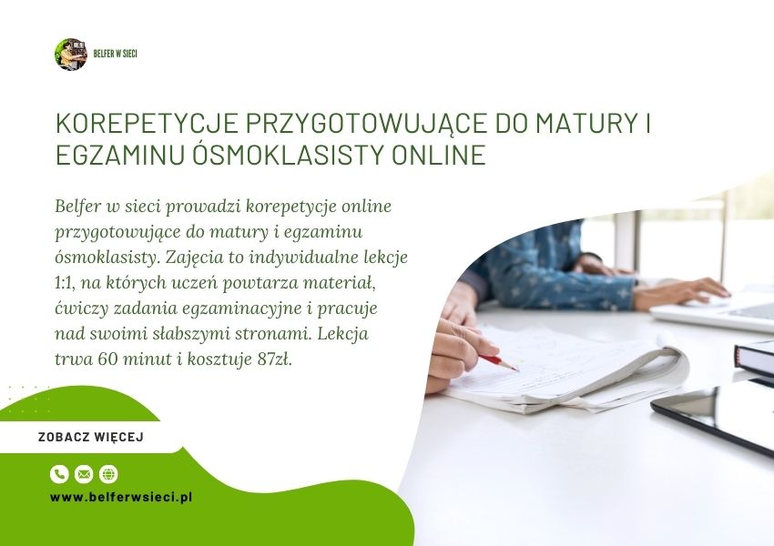 Belfer w sieci prowadzi korepetycje online przygotowujące do matury i egzaminu ósmoklasisty. Zajęcia to indywidualne lekcje 1:1, na których uczeń powtarza materiał, ćwiczy zadania egzaminacyjne i pracuje nad swoimi słabszymi stronami. Lekcja trwa 60 minut i kosztuje 87zł.