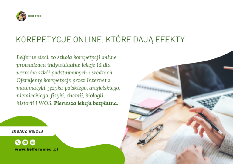 Belfer w sieci, to szkoła korepetycji online prowadząca indywidualne lekcje 11 dla uczniów szkół podstawowych i średnich. Oferujemy korepetycje przez Internet z matematyki, języka polskiego itd.